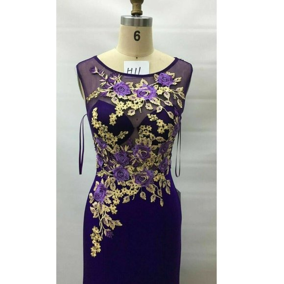 Women's Formal sheer Long Spandex Embroidered mother of bride evening prom dress - Picture 3 of 5